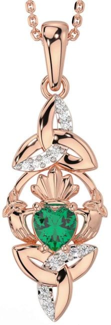 Diamond Emerald Rose Gold Silver Claddagh Celtic Trinity Knot Necklace