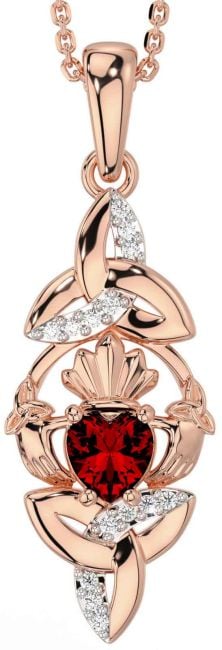 Diamond Garnet Rose Gold Silver Claddagh Celtic Trinity Knot Necklace