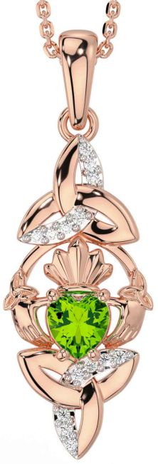 Diamond Peridot Rose Gold Silver Claddagh Celtic Trinity Knot Necklace