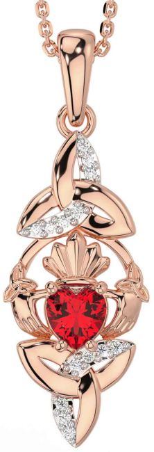 Diamond Ruby Rose Gold Silver Claddagh Celtic Trinity Knot Necklace