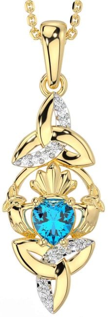 Diamond Topaz Gold Silver Claddagh Celtic Trinity Knot Necklace