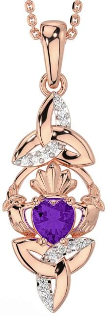 Diamond Amethyst Rose Gold Claddagh Celtic Trinity Knot Necklace