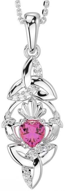 Diamond Pink Tourmaline Silver Claddagh Celtic Trinity Knot Necklace