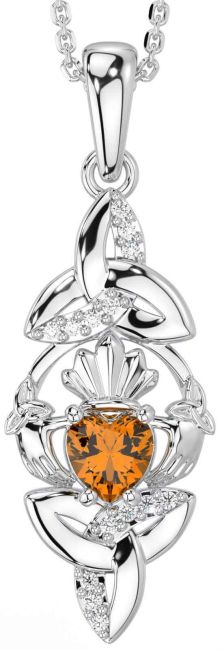 Diamond Citrine White Gold Claddagh Celtic Trinity Knot Necklace