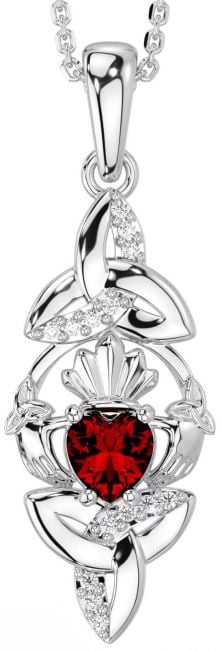 Diamond Garnet White Gold Claddagh Celtic Trinity Knot Necklace
