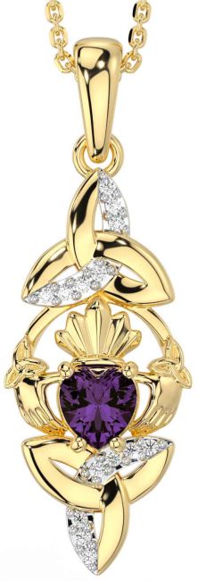 Diamond Alexandrite Gold Claddagh Celtic Trinity Knot Necklace