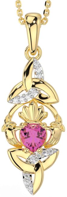 Diamond Pink Tourmaline Gold Claddagh Celtic Trinity Knot Necklace