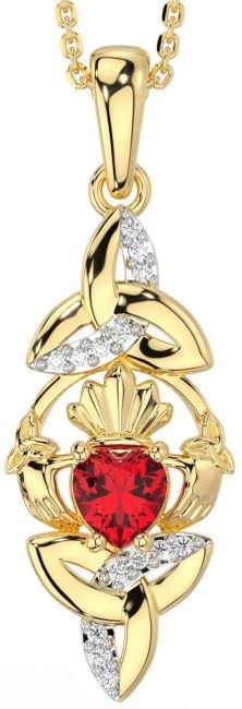 Diamond Ruby Gold Claddagh Celtic Trinity Knot Necklace