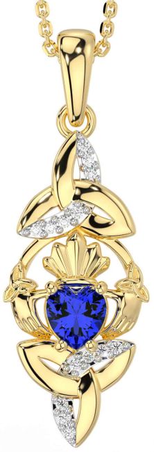 Diamond Sapphire Gold Claddagh Celtic Trinity Knot Necklace