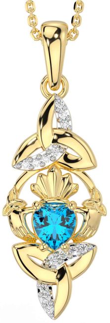 Diamond Topaz Gold Claddagh Celtic Trinity Knot Necklace