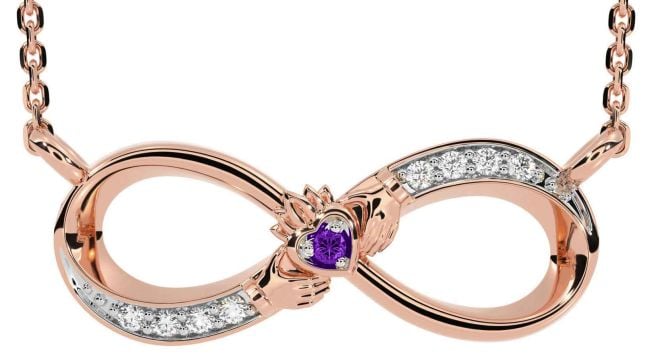 Diamond Amethyst Rose Gold Silver Claddagh Infinity Necklace