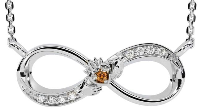 Diamond Citrine Silver Claddagh Infinity Necklace