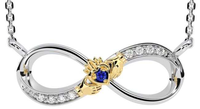 Diamond Sapphire Gold Silver Claddagh Infinity Necklace