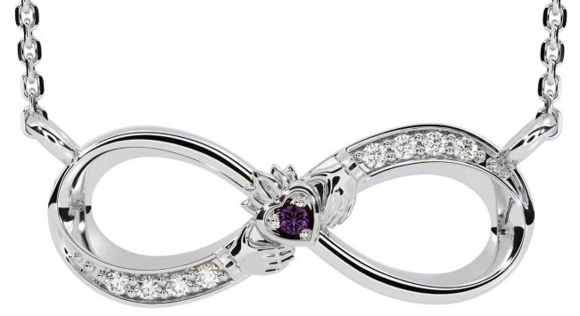 Diamond Alexandrite White Gold Claddagh Infinity Necklace