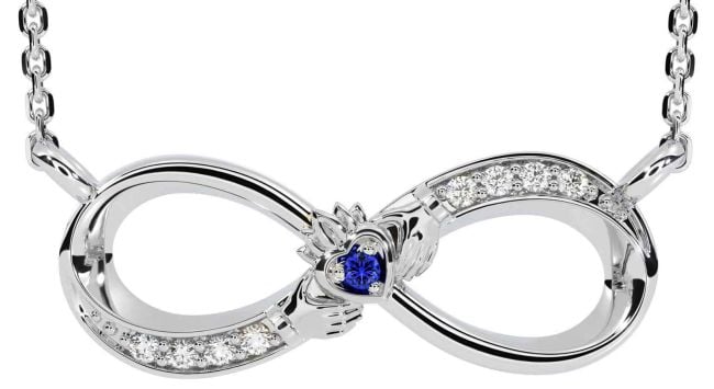 Diamond Sapphire White Gold Claddagh Infinity Necklace