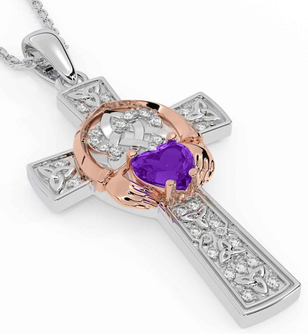 Diamond Amethyst Rose Gold Silver Claddagh Trinity Knot Celtic Cross Necklace