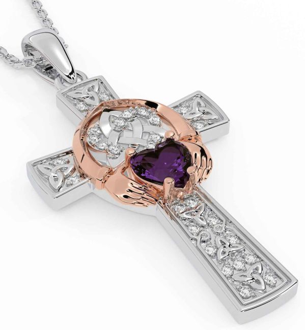 Diamond Alexandrite Rose Gold Silver Claddagh Trinity Knot Celtic Cross Necklace