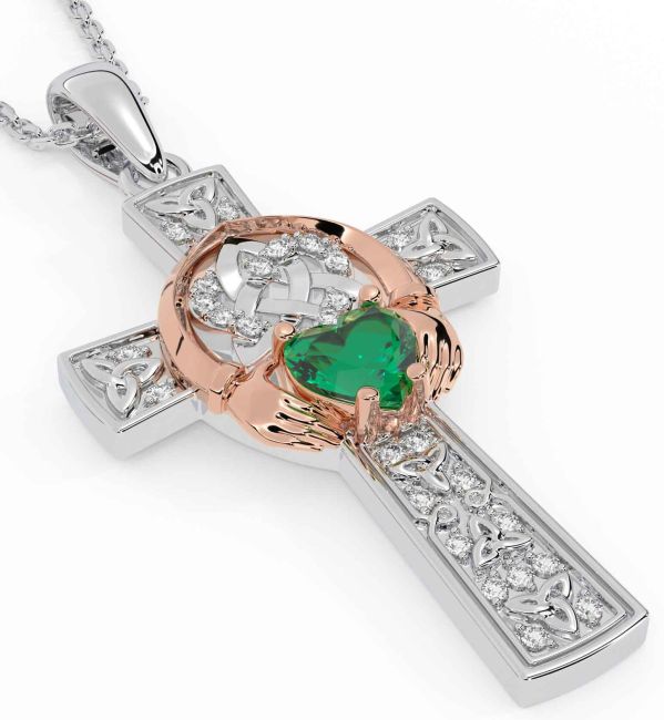 Diamond Emerald Rose Gold Silver Claddagh Trinity Knot Celtic Cross Necklace