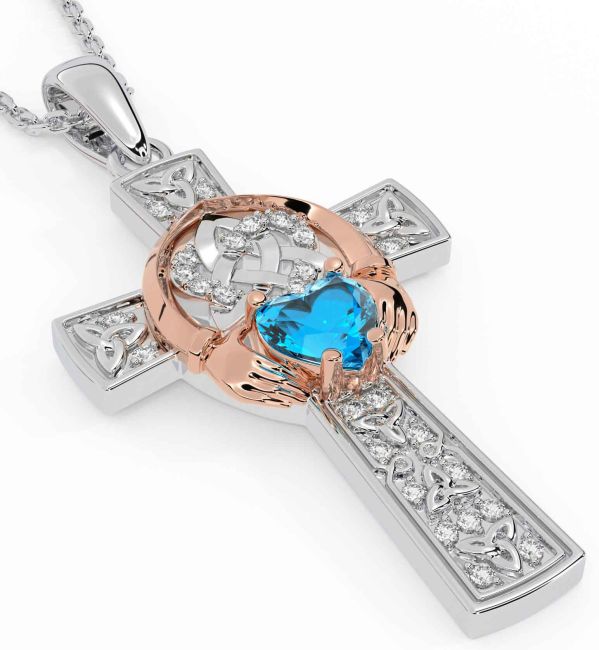 Diamond Topaz Rose Gold Silver Claddagh Trinity Knot Celtic Cross Necklace