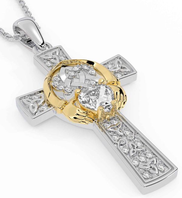 Diamond Gold Silver Claddagh Trinity Knot Celtic Cross Necklace