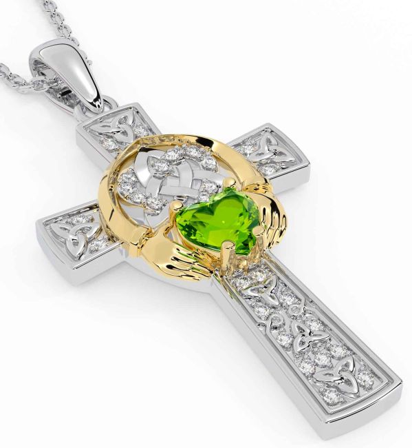 Diamond Peridot Gold Silver Claddagh Trinity Knot Celtic Cross Necklace