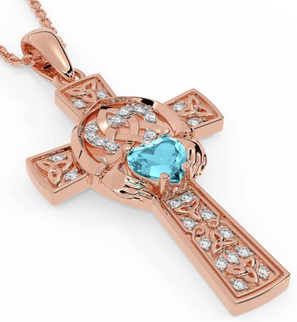 Diamond Aquamarine Rose Gold Silver Claddagh Trinity Knot Celtic Cross Necklace