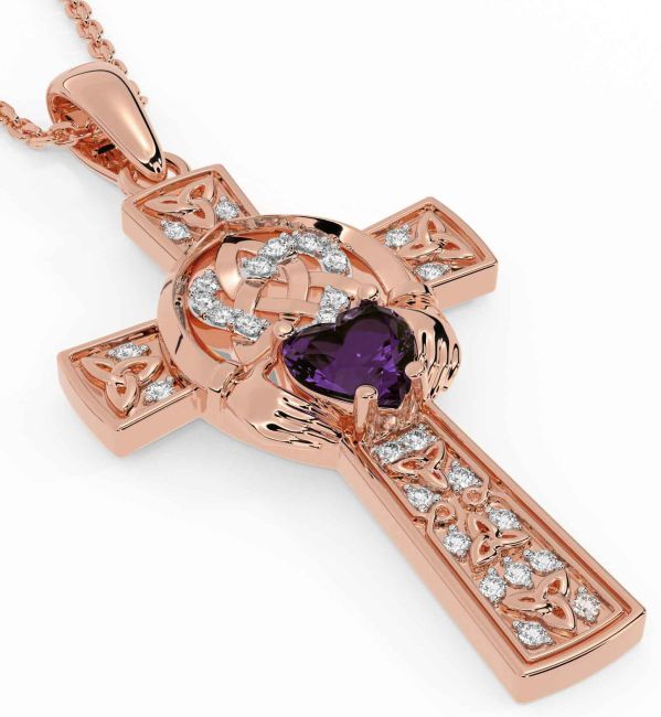 Diamond Alexandrite Rose Gold Silver Claddagh Trinity Knot Celtic Cross Necklace