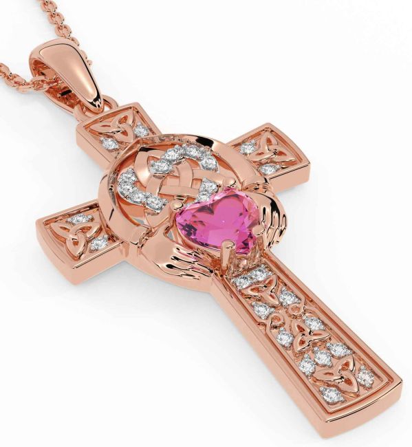 Diamond Pink Tourmaline Rose Gold Silver Claddagh Trinity Knot Celtic Cross Necklace