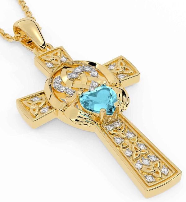 Diamond Aquamarine Gold Silver Claddagh Trinity Knot Celtic Cross Necklace