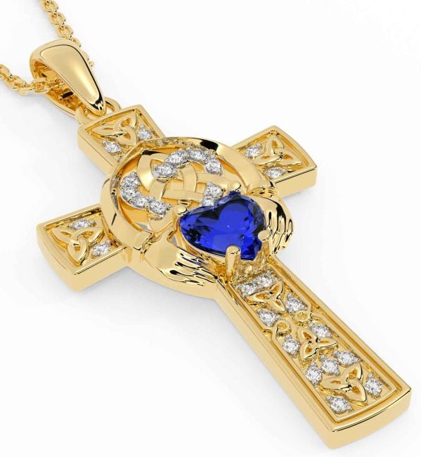 Diamond Sapphire Gold Silver Claddagh Trinity Knot Celtic Cross Necklace