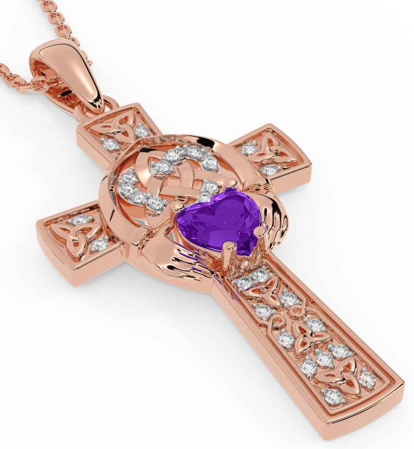 Diamond Amethyst Rose Gold Claddagh Trinity Knot Celtic Cross Necklace