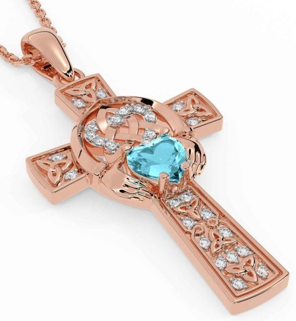 Diamond Aquamarine Rose Gold Claddagh Trinity Knot Celtic Cross Necklace