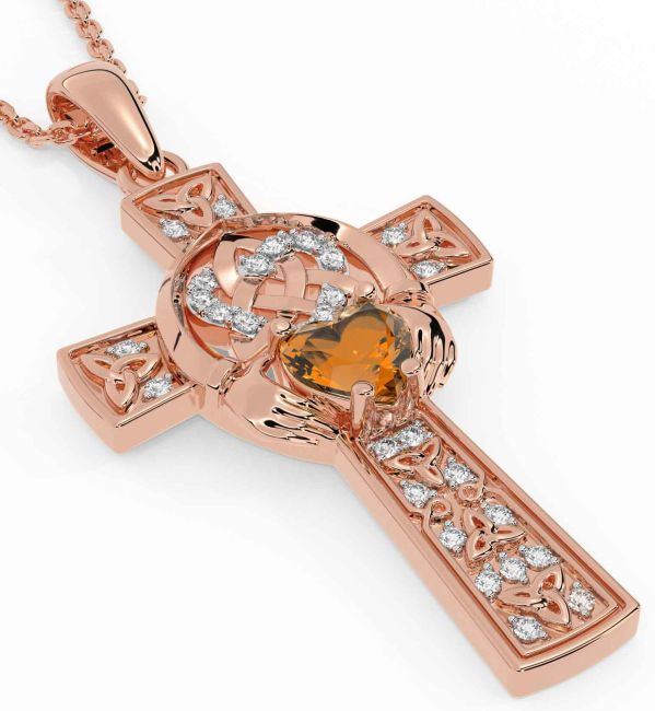 Diamond Citrine Rose Gold Claddagh Trinity Knot Celtic Cross Necklace