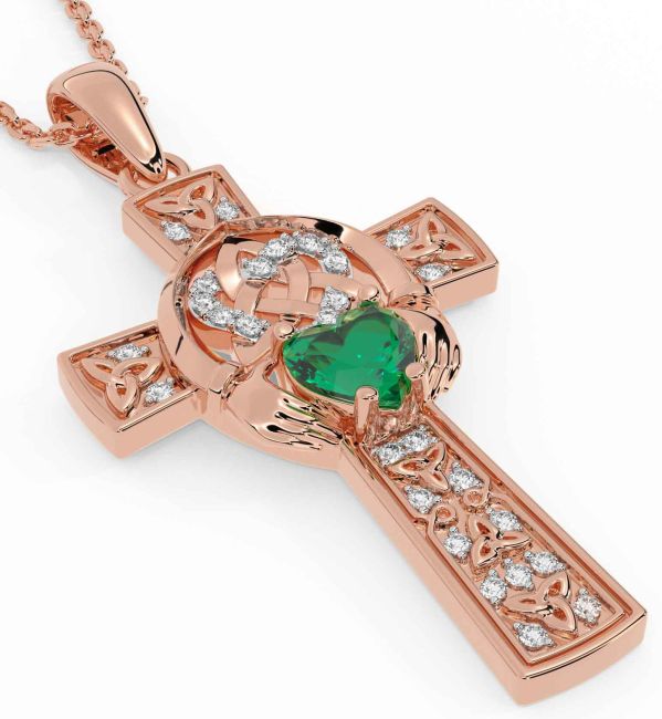 Diamond Emerald Rose Gold Claddagh Trinity Knot Celtic Cross Necklace