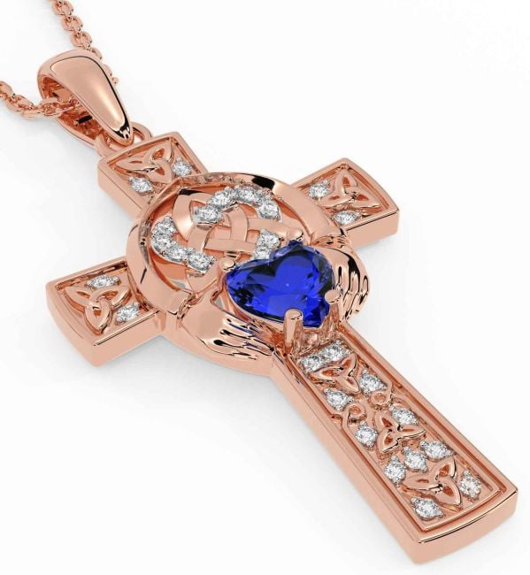 Diamond Sapphire Rose Gold Claddagh Trinity Knot Celtic Cross Necklace