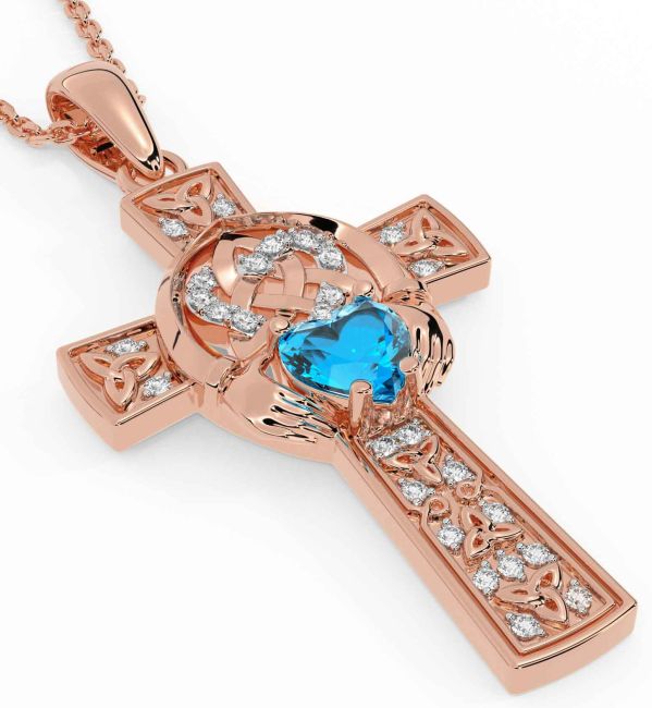 Diamond Topaz Rose Gold Claddagh Trinity Knot Celtic Cross Necklace