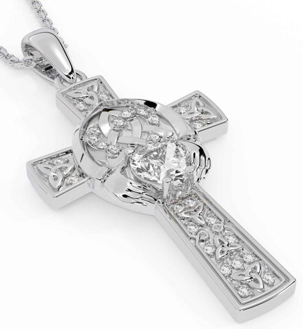 Diamond Silver Claddagh Trinity Knot Celtic Cross Necklace