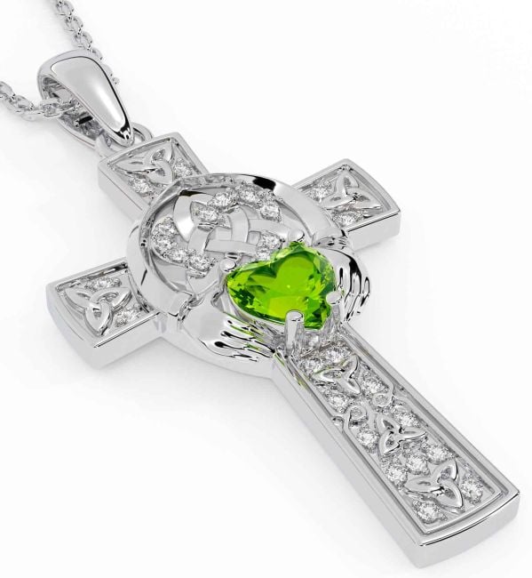 Diamond Peridot Silver Claddagh Trinity Knot Celtic Cross Necklace