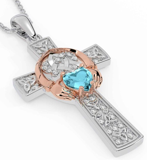 Diamond Aquamarine Rose Gold Silver Claddagh Trinity Knot Celtic Cross Necklace