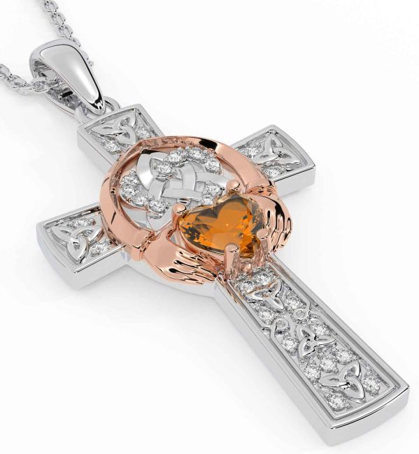 Diamond Citrine Rose Gold Silver Claddagh Trinity Knot Celtic Cross Necklace