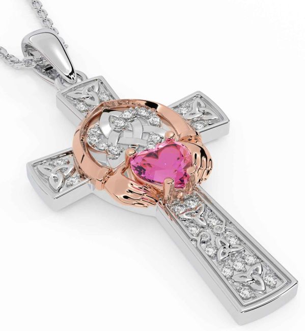 Diamond Pink Tourmaline Rose Gold Silver Claddagh Trinity Knot Celtic Cross Necklace