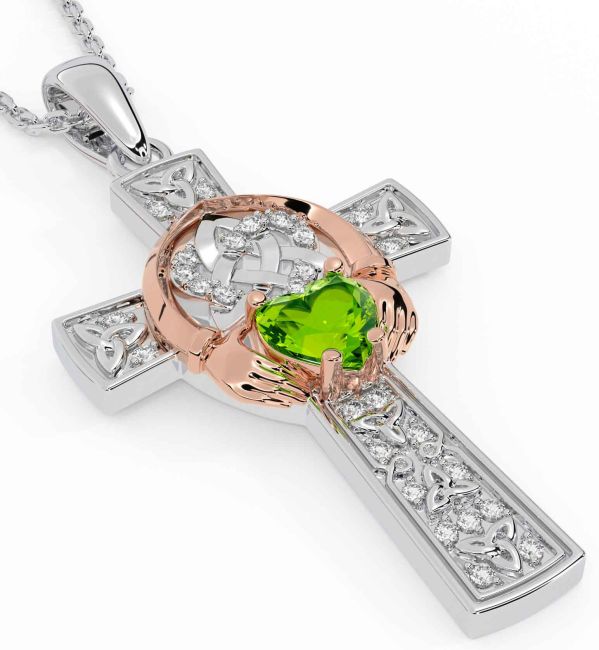 Diamond Peridot Rose Gold Silver Claddagh Trinity Knot Celtic Cross Necklace