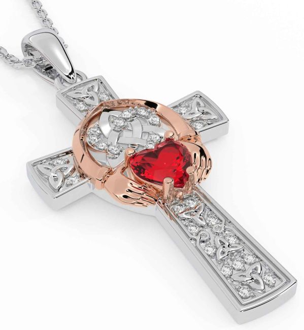 Diamond Ruby Rose Gold Silver Claddagh Trinity Knot Celtic Cross Necklace