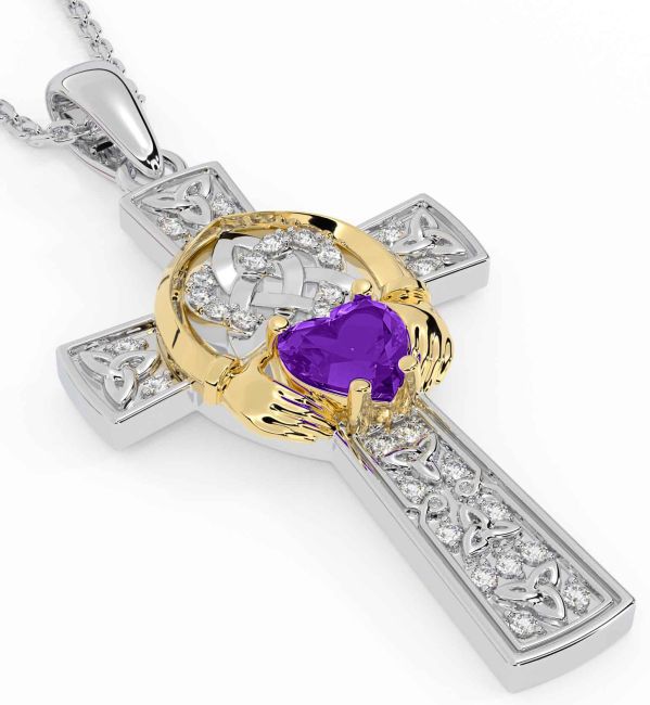 Diamond Amethyst Gold Silver Claddagh Trinity Knot Celtic Cross Necklace