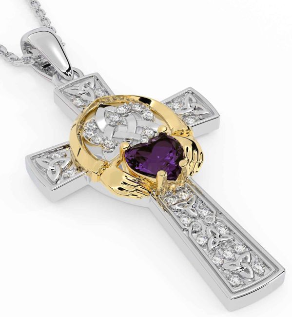 Diamond Alexandrite Gold Silver Claddagh Trinity Knot Celtic Cross Necklace