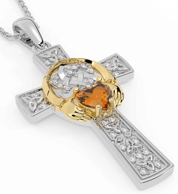 Diamond Citrine Gold Silver Claddagh Trinity Knot Celtic Cross Necklace