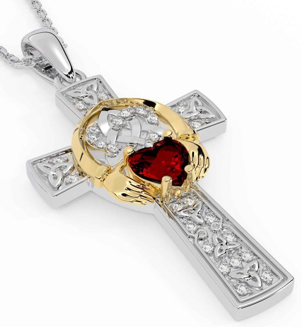 Diamond Garnet Gold Silver Claddagh Trinity Knot Celtic Cross Necklace