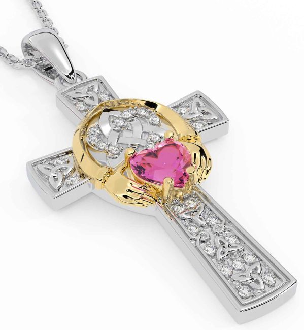 Diamond Pink Tourmaline Gold Silver Claddagh Trinity Knot Celtic Cross Necklace