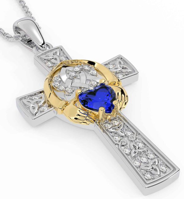 Diamond Sapphire Gold Silver Claddagh Trinity Knot Celtic Cross Necklace