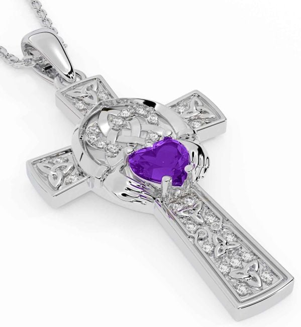 Diamond Amethyst White Gold Claddagh Trinity Knot Celtic Cross Necklace